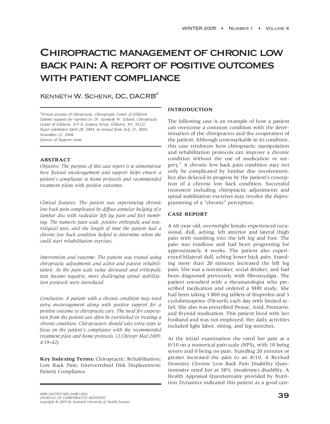 Chiropractic Management of Chronic Low Back Pain: A Report of Positive Outcomes with Patient Compliance