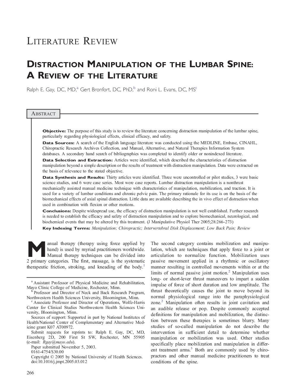 Distraction Manipulation of the Lumbar Spine: A Review of the Literature