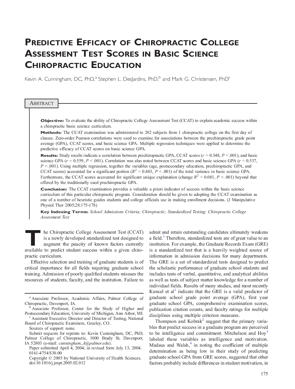 Predictive Efficacy of Chiropractic College Assessment Test Scores in Basic Science Chiropractic Education