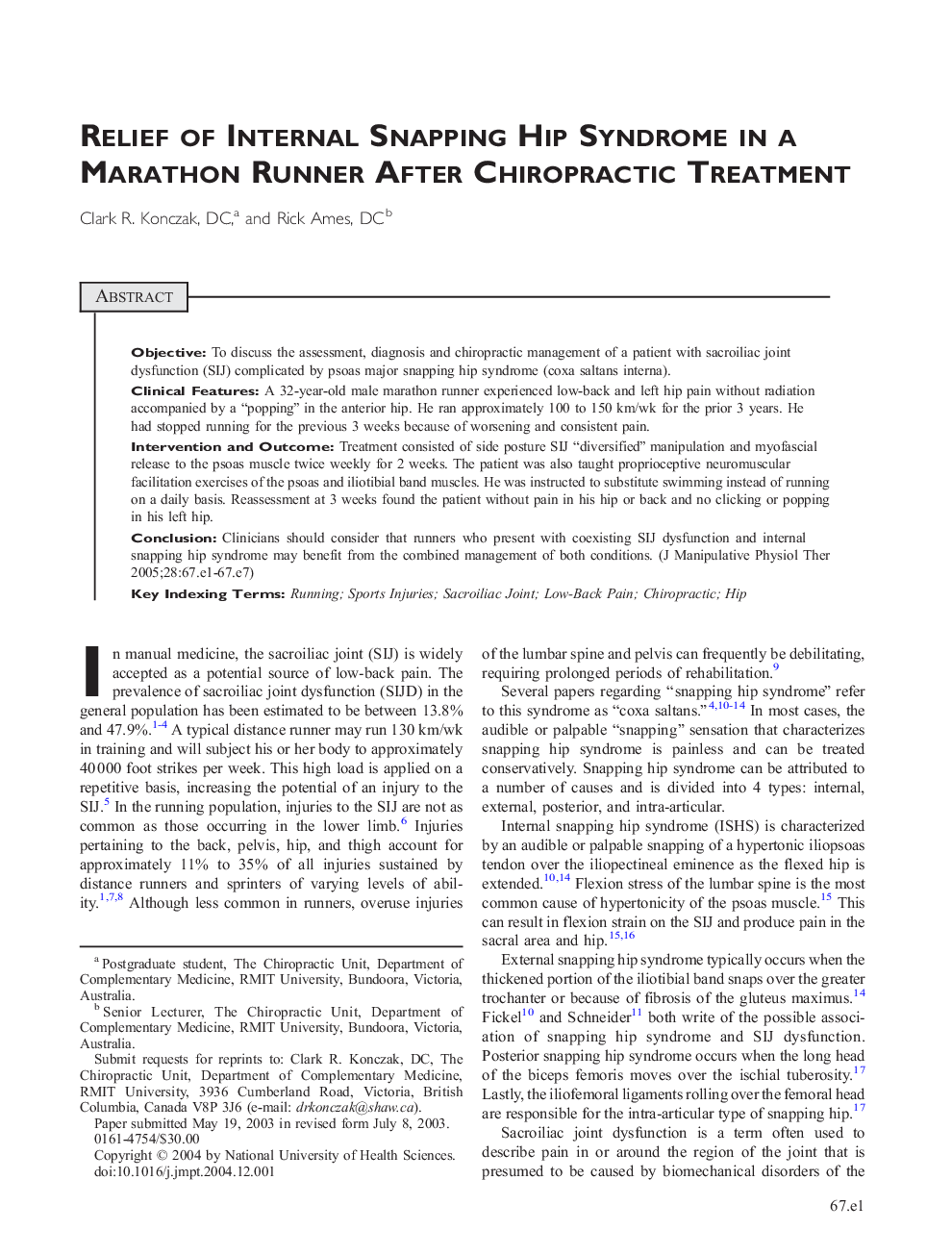 Relief of Internal Snapping Hip Syndrome in a Marathon Runner After Chiropractic Treatment