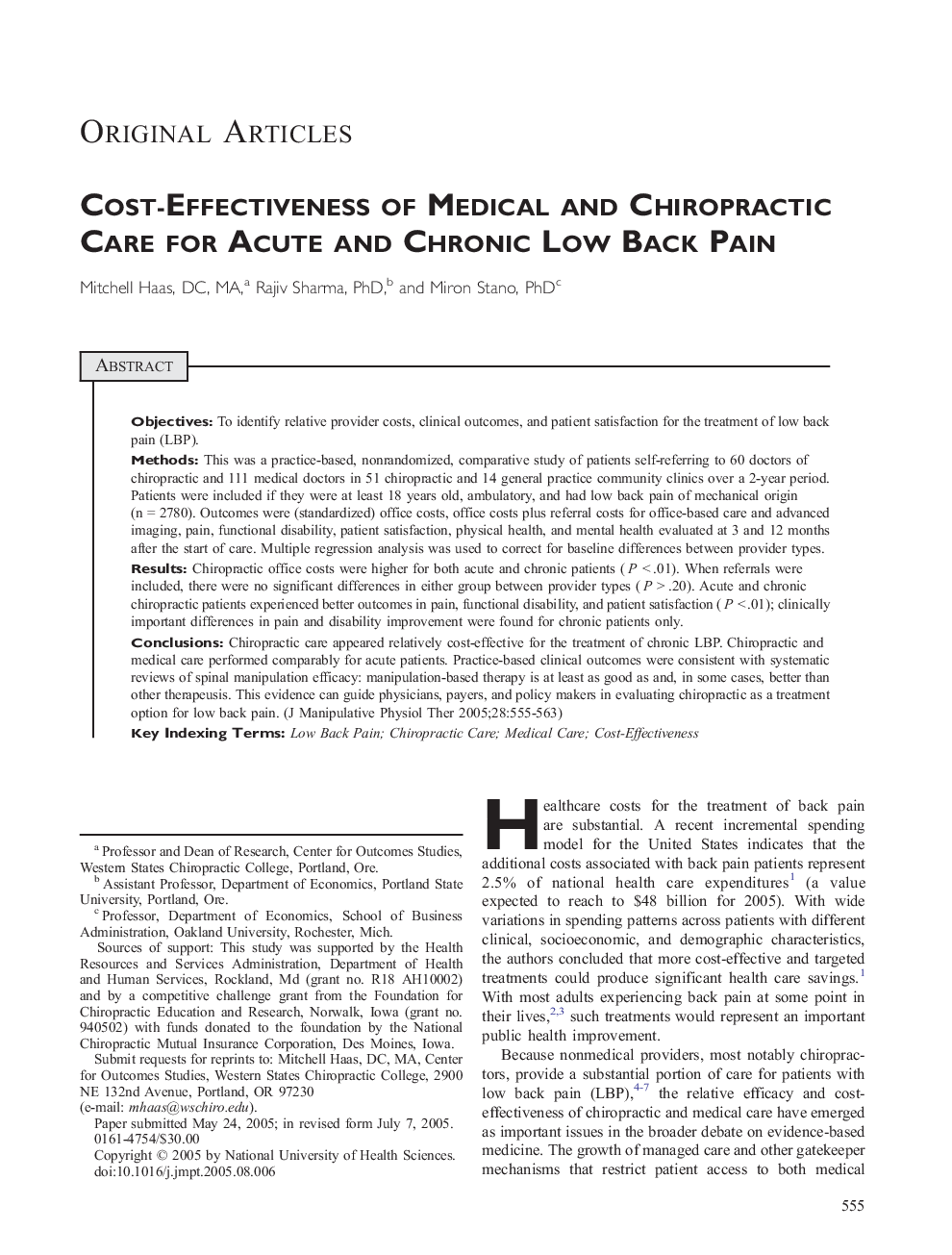 Cost-Effectiveness of Medical and Chiropractic Care for Acute and Chronic Low Back Pain