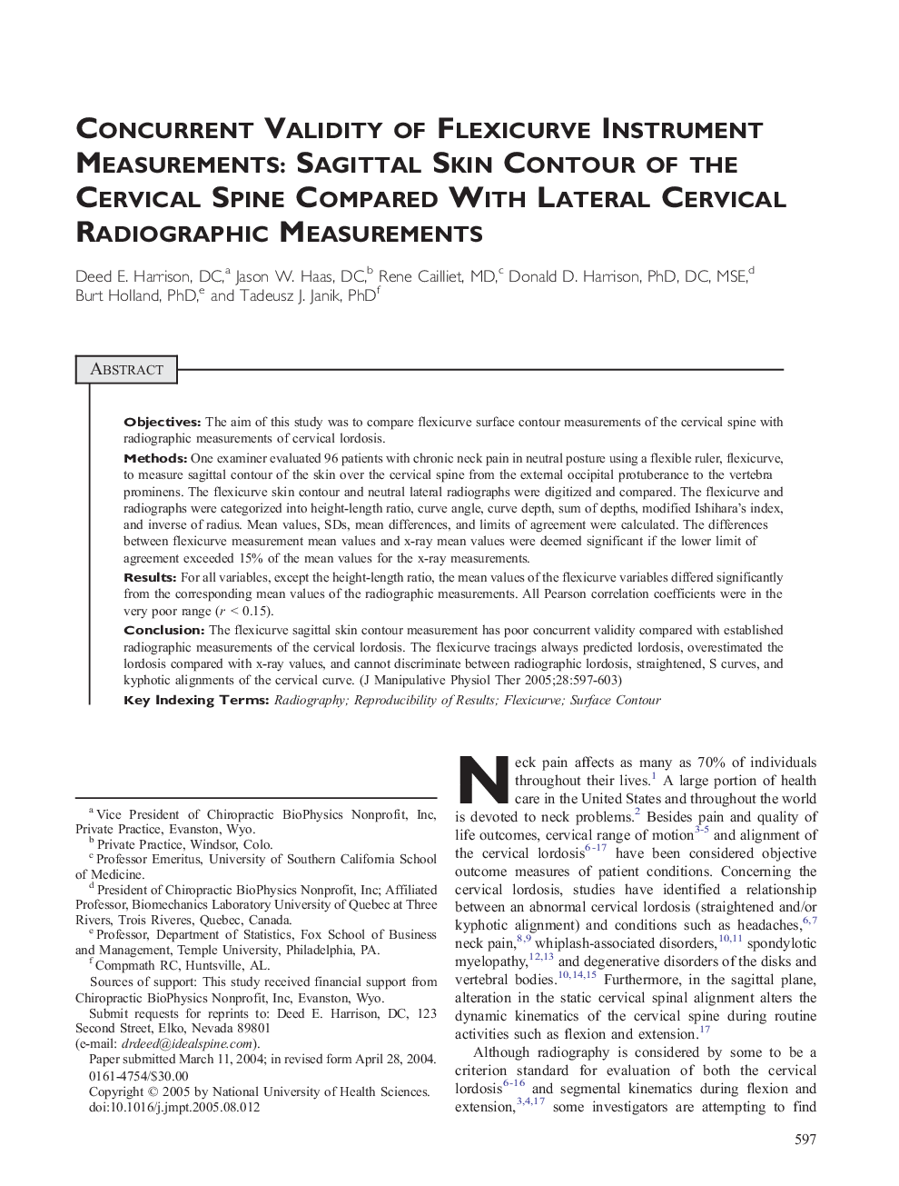 Concurrent Validity of Flexicurve Instrument Measurements: Sagittal Skin Contour of the Cervical Spine Compared With Lateral Cervical Radiographic Measurements