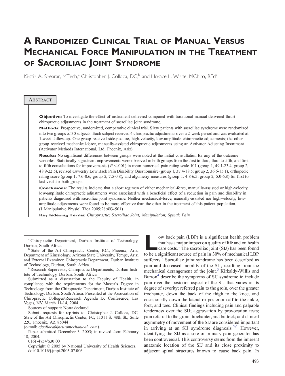 A Randomized Clinical Trial of Manual Versus Mechanical Force Manipulation in the Treatment of Sacroiliac Joint Syndrome