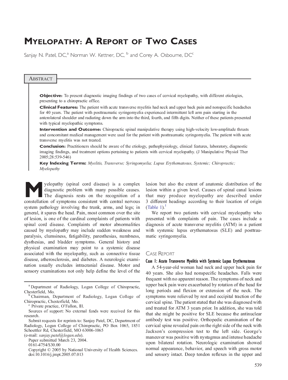 Myelopathy: A Report of Two Cases