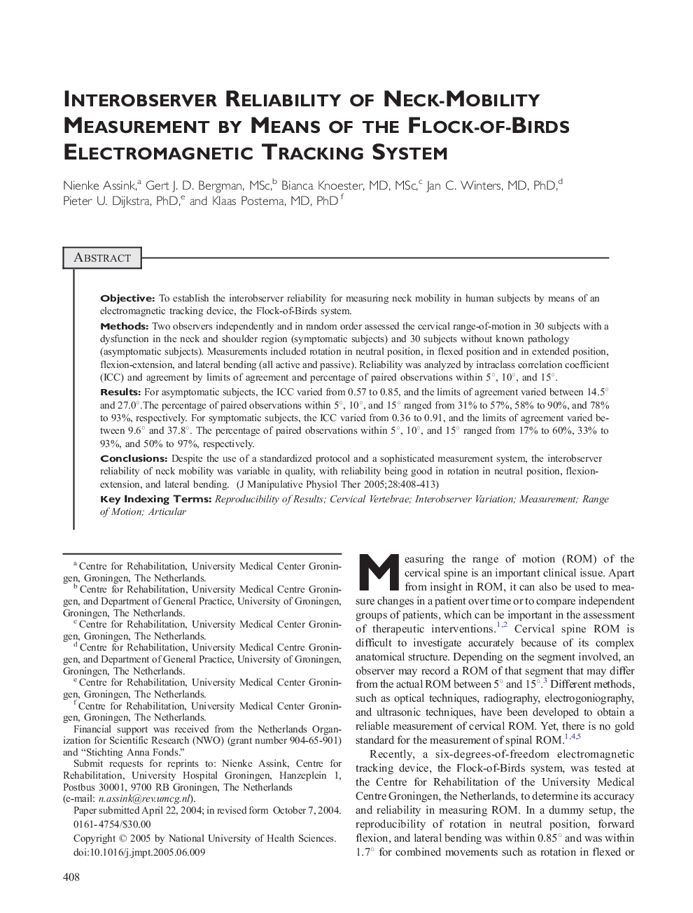 Interobserver Reliability of Neck-Mobility Measurement by Means of the Flock-of-Birds Electromagnetic Tracking System