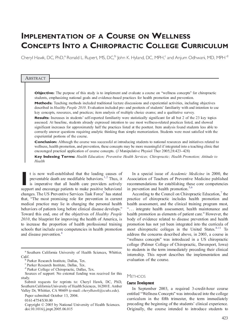 Implementation of a Course on Wellness Concepts Into a Chiropractic College Curriculum