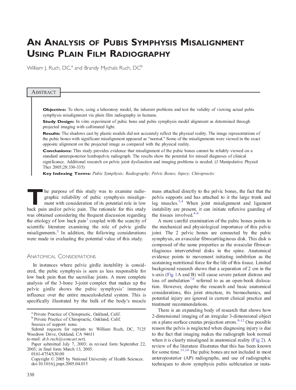 An Analysis of Pubis Symphysis Misalignment Using Plain Film Radiography