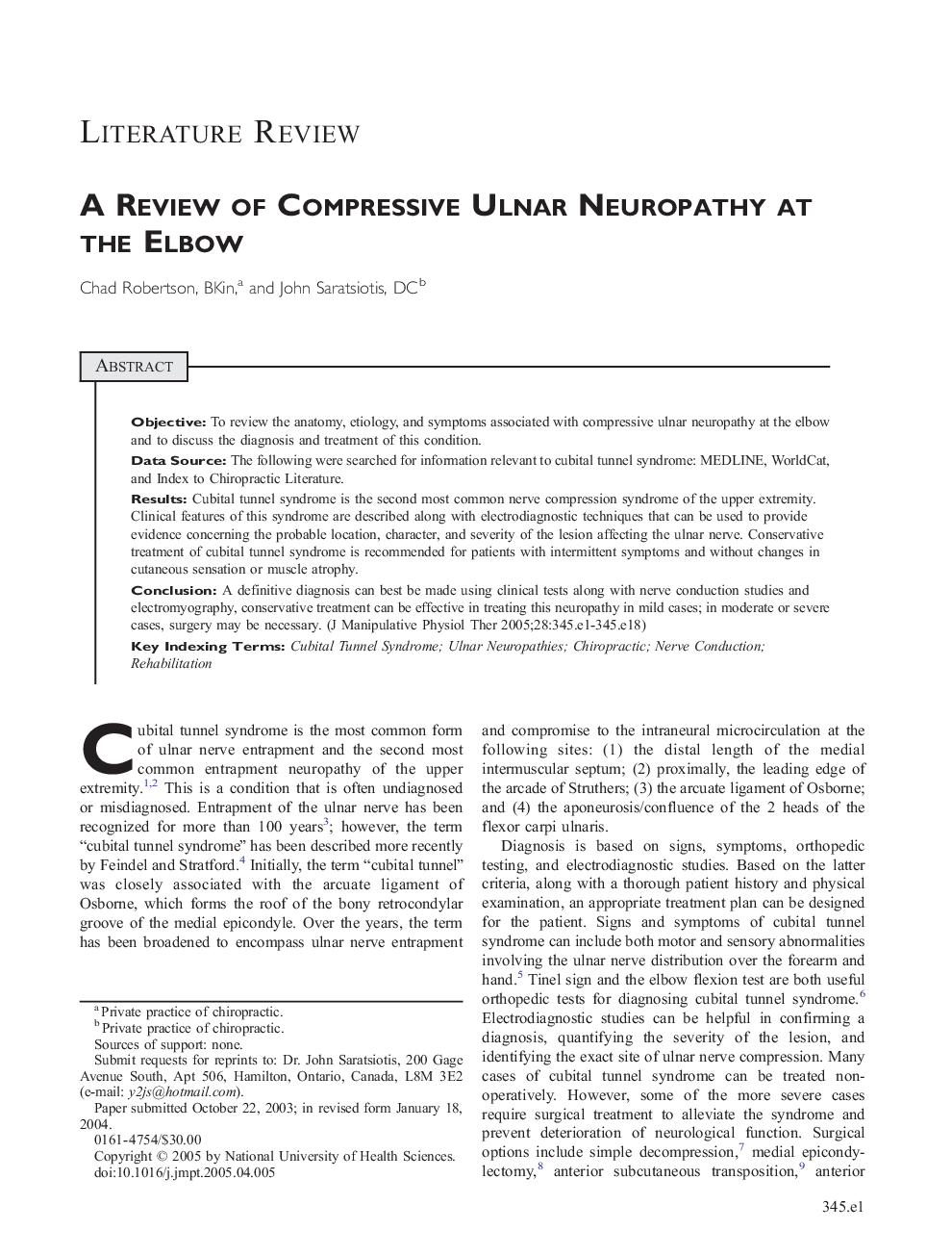 A Review of Compressive Ulnar Neuropathy at the Elbow