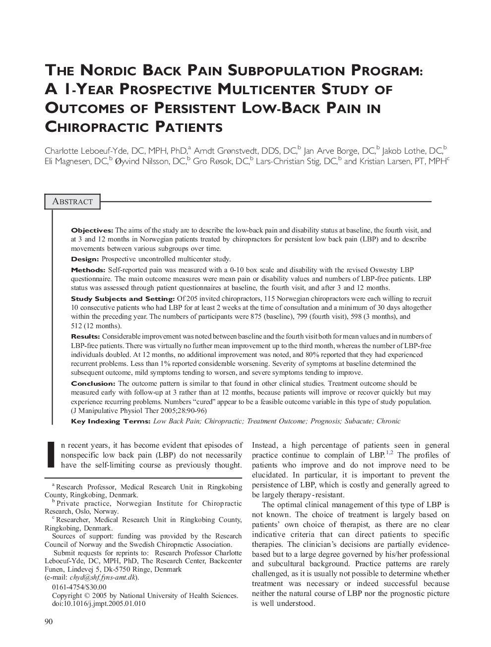 The Nordic Back Pain Subpopulation Program: A 1-Year Prospective Multicenter Study of Outcomes of Persistent Low-Back Pain in Chiropractic Patients