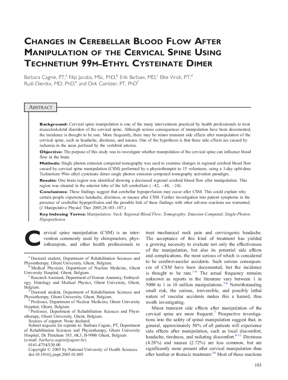Changes in Cerebellar Blood Flow After Manipulation of the Cervical Spine Using Technetium 99m-Ethyl Cysteinate Dimer
