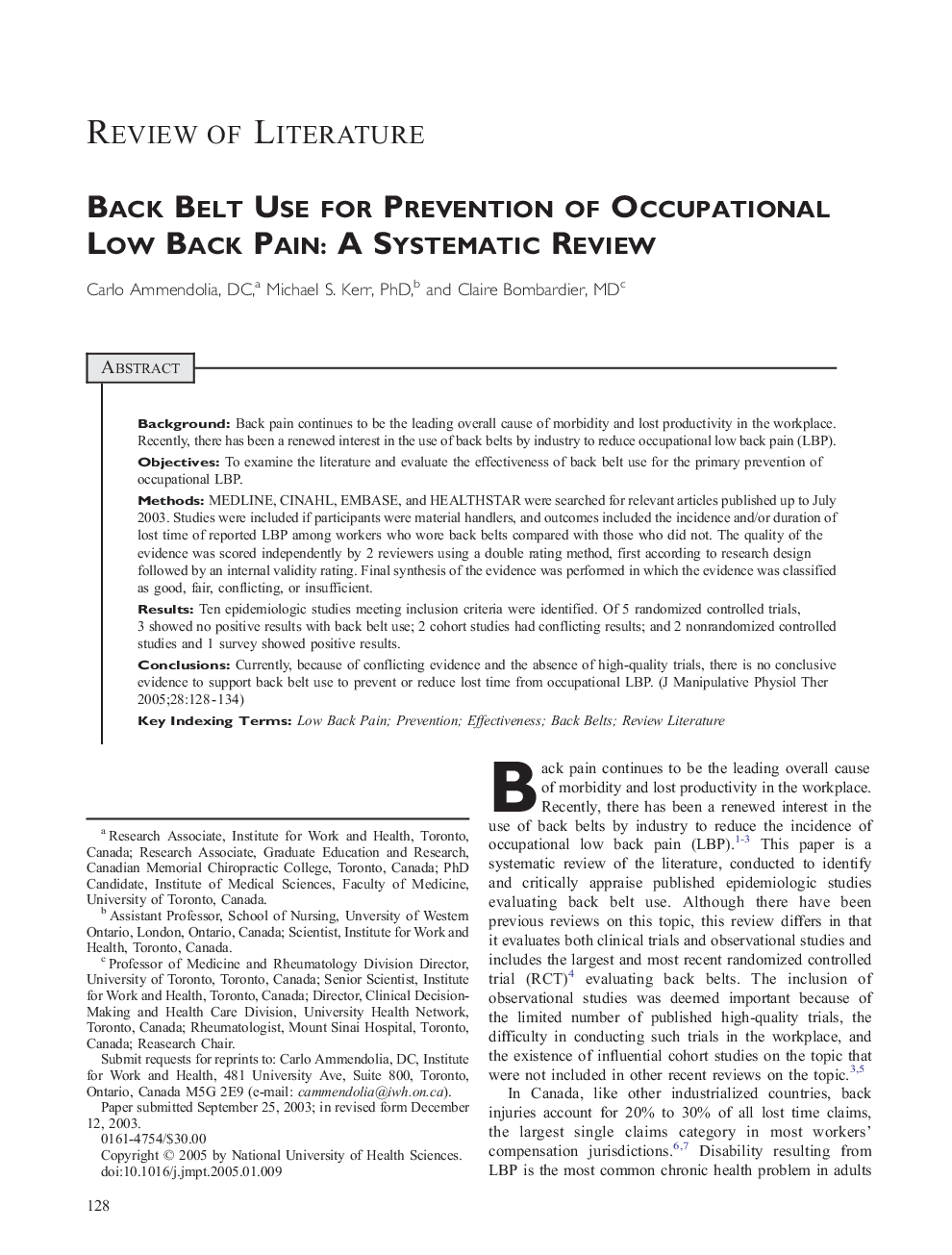 Back Belt Use for Prevention of Occupational Low Back Pain: A Systematic Review