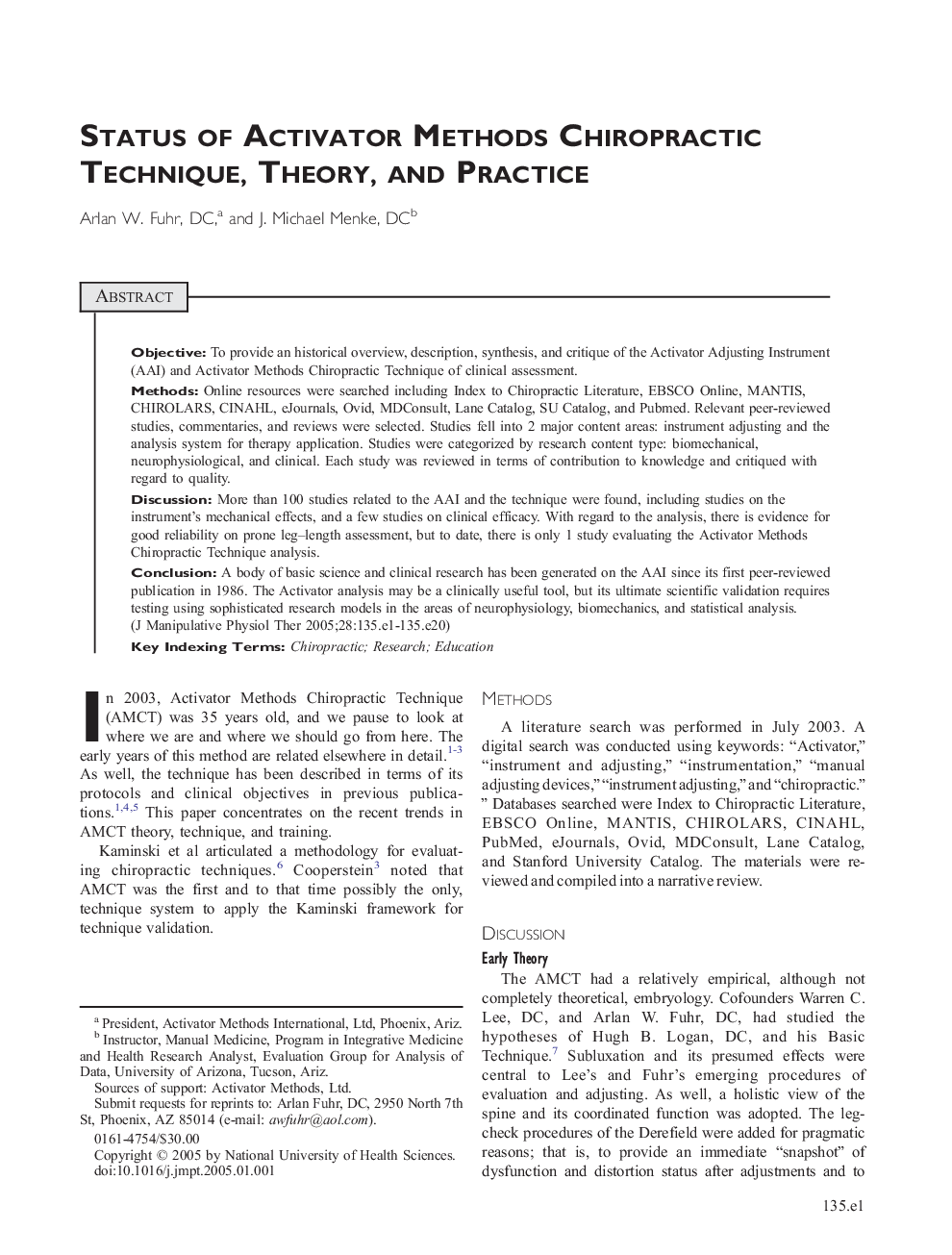 Status of Activator Methods Chiropractic Technique, Theory, and Practice