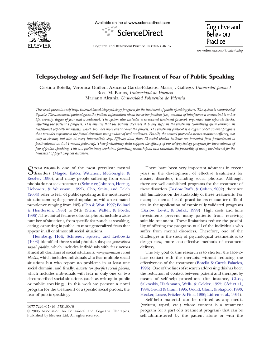 عکس صفحه اول مقاله: Telepsychology and Self-help: The Treatment of Fear of Public Speaking Telepsychology and Self-help: The Treatment of Fear of Public Speaking