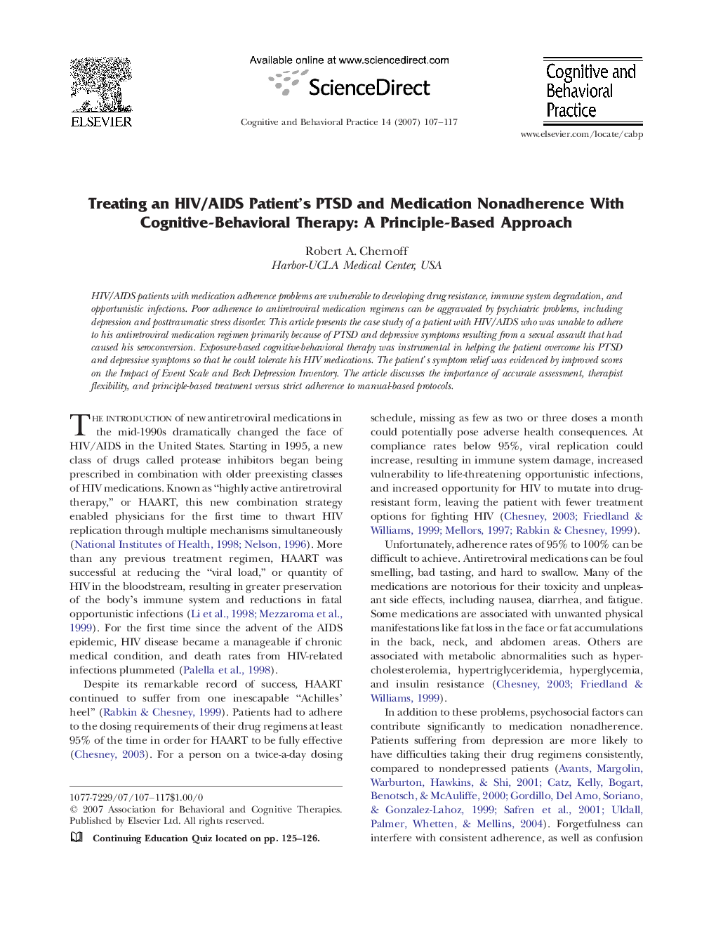 عکس صفحه اول مقاله: Treating an HIV/AIDS Patient’s PTSD and Medication Nonadherence With Cognitive-Behavioral Therapy: A Principle-Based Approach Treating an HIV/AIDS Patient’s PTSD and Medication Nonadherence With Cognitive-Behavioral Therapy: A Principle-Based Approach