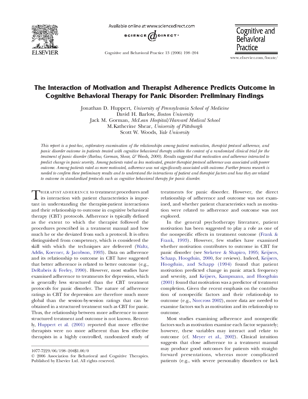 عکس صفحه اول مقاله: The Interaction of Motivation and Therapist Adherence Predicts Outcome in Cognitive Behavioral Therapy for Panic Disorder: Preliminary Findings The Interaction of Motivation and Therapist Adherence Predicts Outcome in Cognitive Behavioral Therapy for Panic Disorder: Preliminary Findings