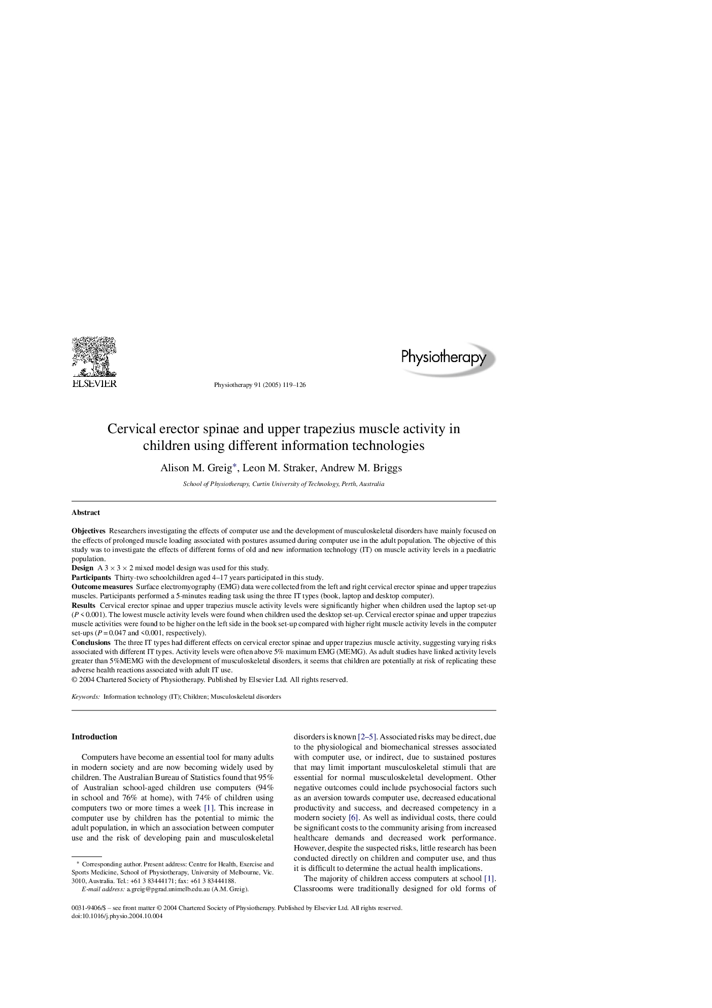 Cervical erector spinae and upper trapezius muscle activity in children using different information technologies