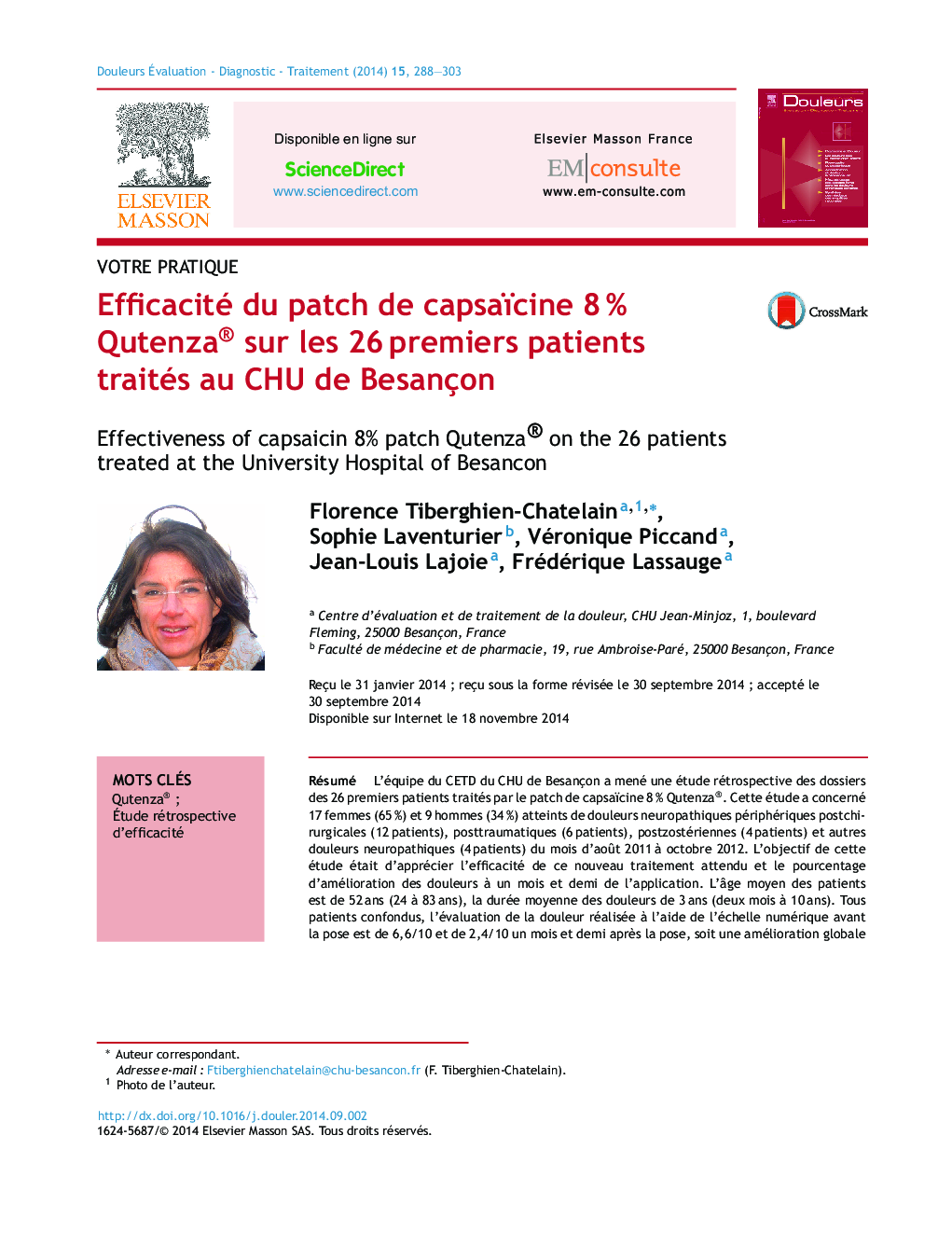 Efficacité du patch de capsaïcine 8Â % Qutenza® sur les 26Â premiers patients traités au CHU de Besançon