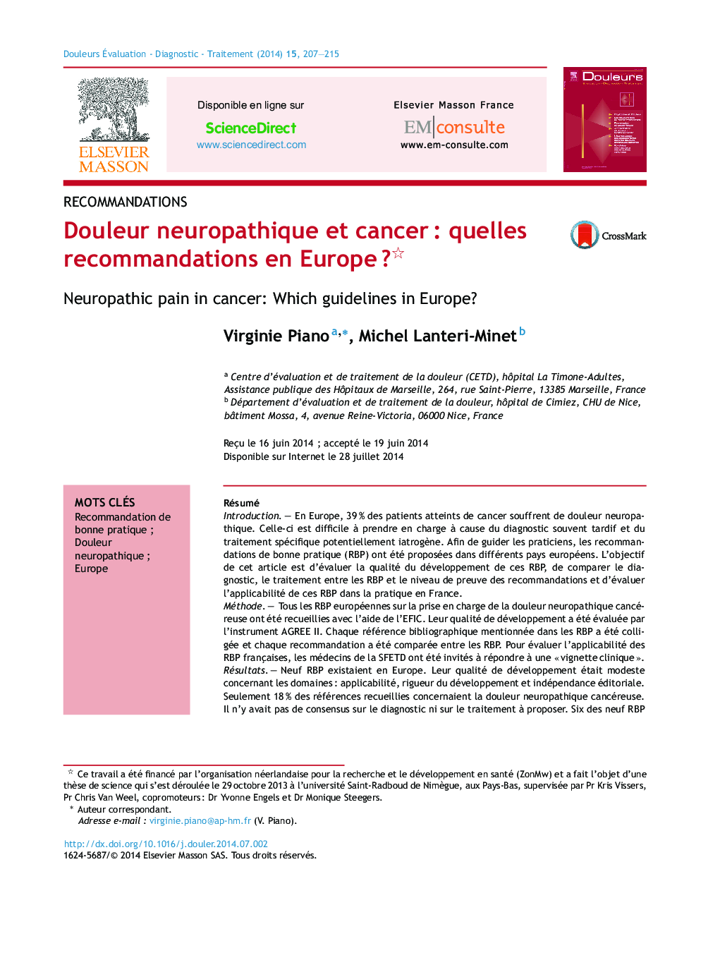 عکس صفحه اول مقاله: Douleur neuropathique et cancer : quelles recommandations en Europe ? Douleur neuropathique et cancer : quelles recommandations en Europe ?