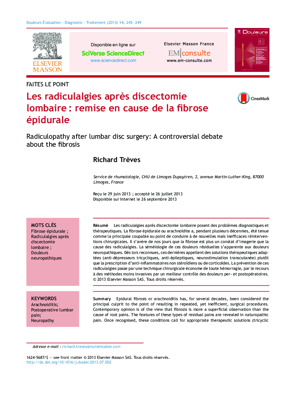 Les radiculalgies aprÃ¨s discectomie lombaireÂ : remise en cause de la fibrose épidurale