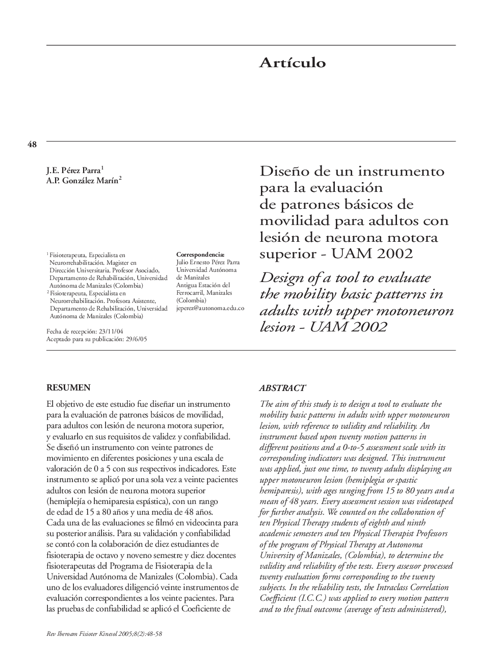 Diseño de un instrumento para la evaluación de patrones básicos de movilidad para adultos con lesión de neurona motora superior - UAM 2002