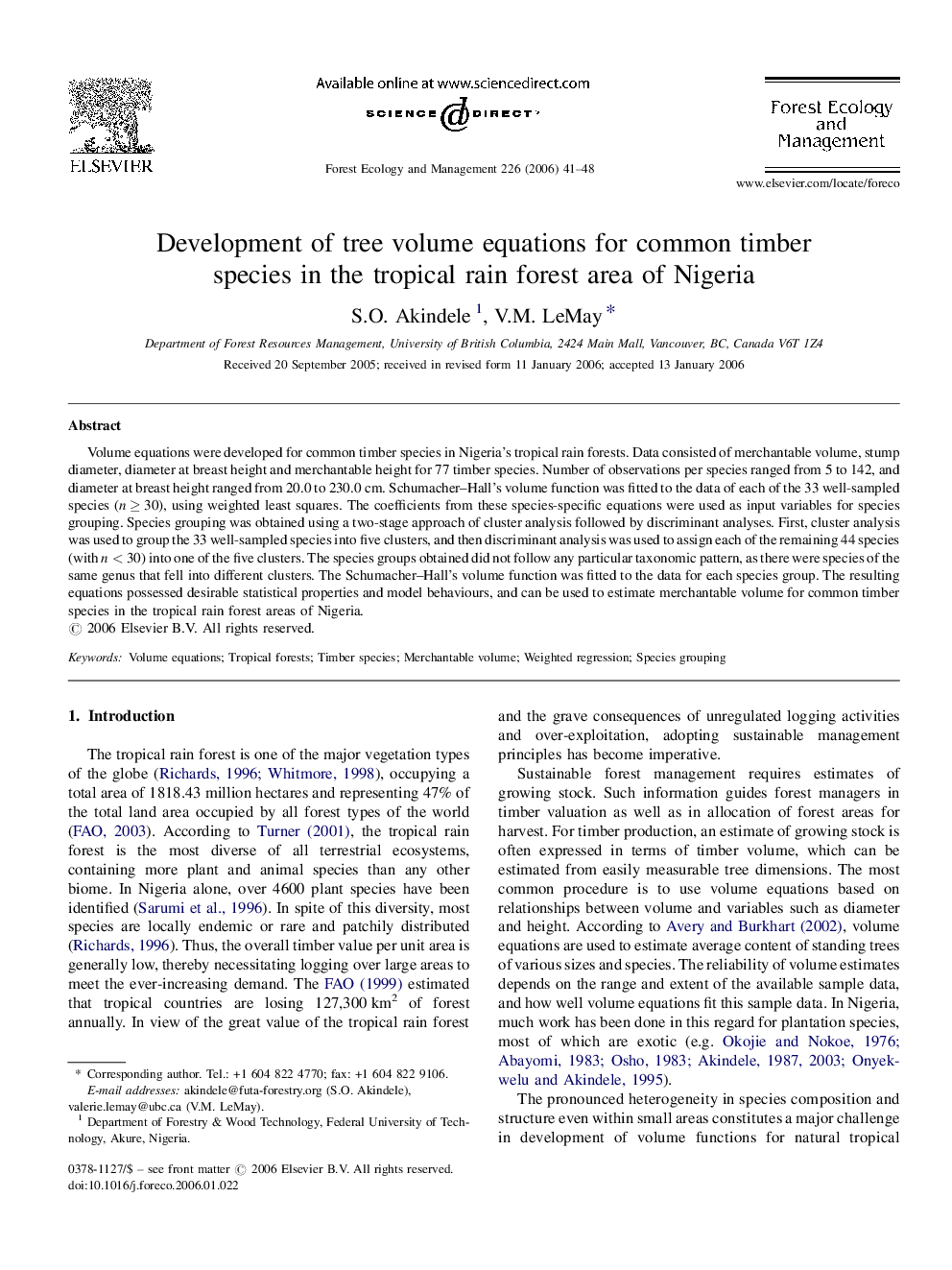 Development of tree volume equations for common timber species in the tropical rain forest area of Nigeria