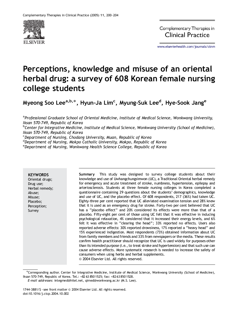 Perceptions, knowledge and misuse of an oriental herbal drug: a survey of 608 Korean female nursing college students