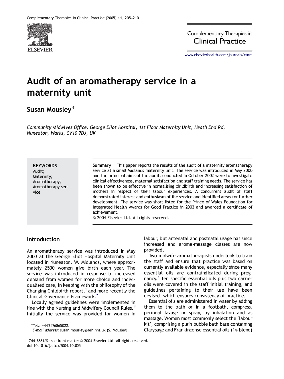 Audit of an aromatherapy service in a maternity unit