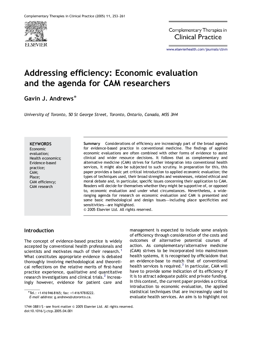 Addressing efficiency: Economic evaluation and the agenda for CAM researchers