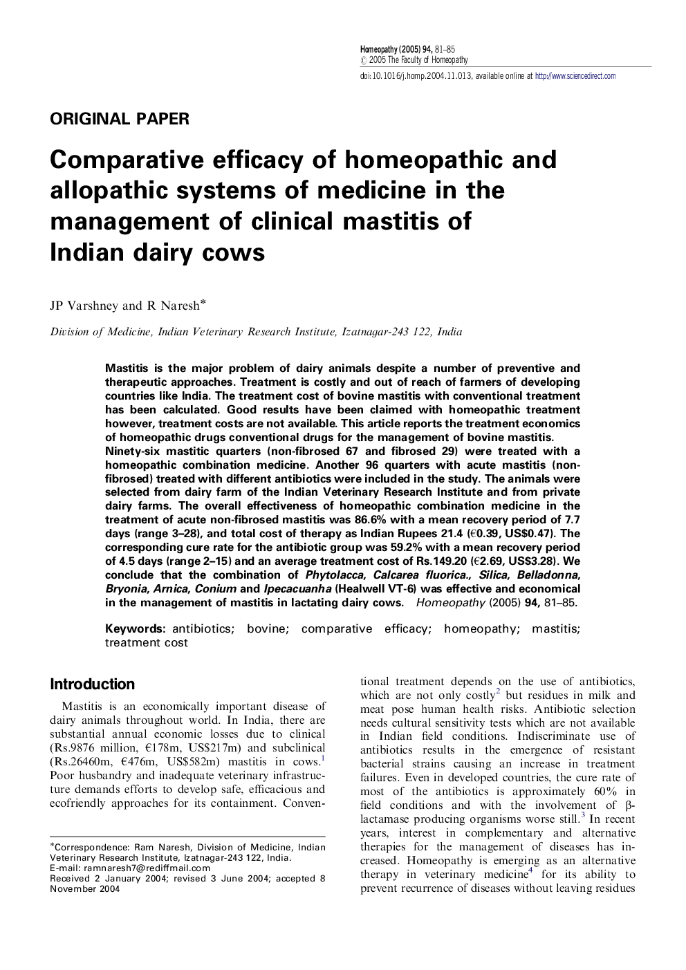 Comparative efficacy of homeopathic and allopathic systems of medicine in the management of clinical mastitis of Indian dairy cows