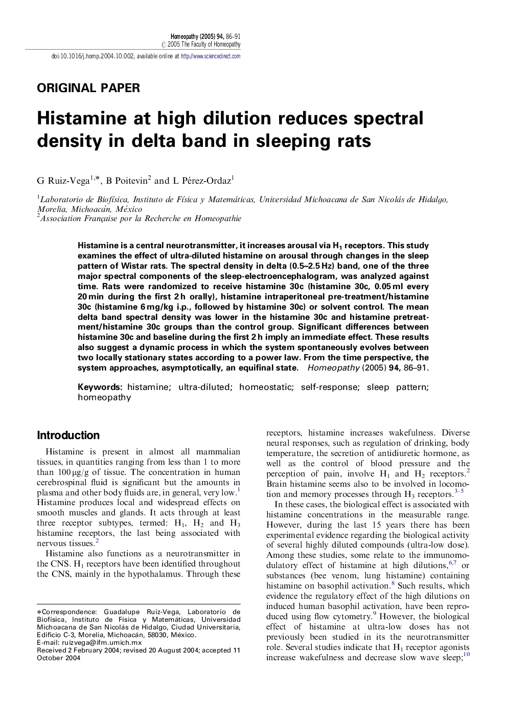 Histamine at high dilution reduces spectral density in delta band in sleeping rats