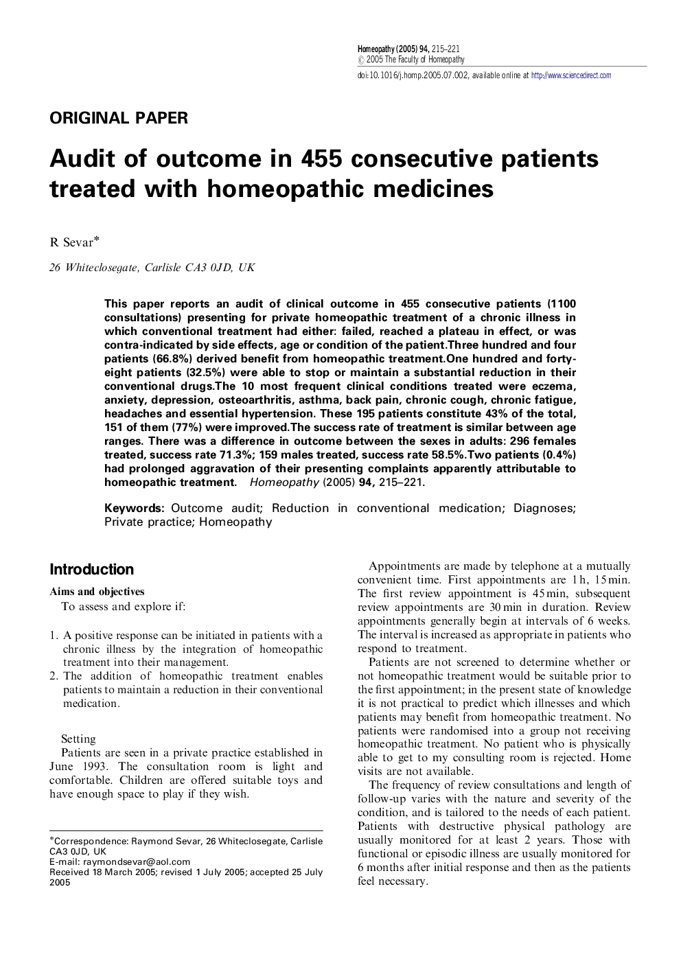 Audit of outcome in 455 consecutive patients treated with homeopathic medicines