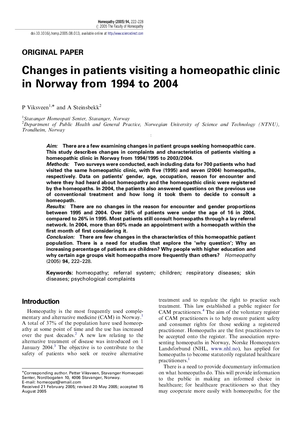 Changes in patients visiting a homeopathic clinic in Norway from 1994 to 2004