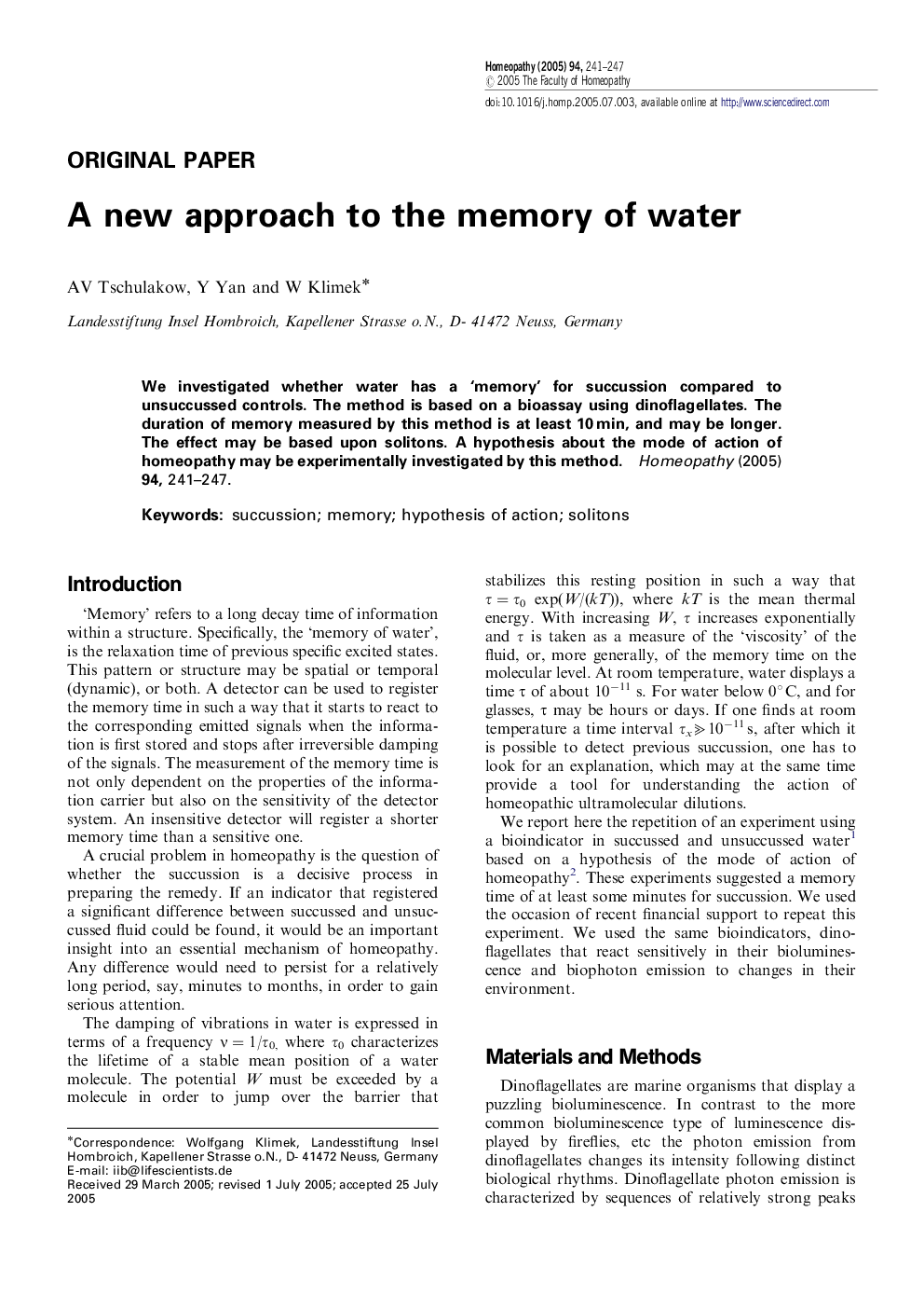 A new approach to the memory of water