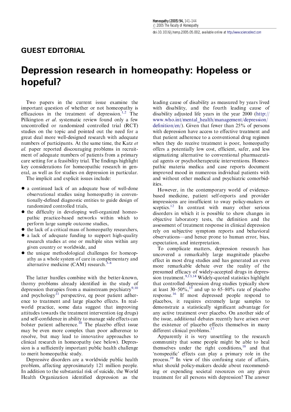 Depression research in homeopathy: Hopeless or hopeful?