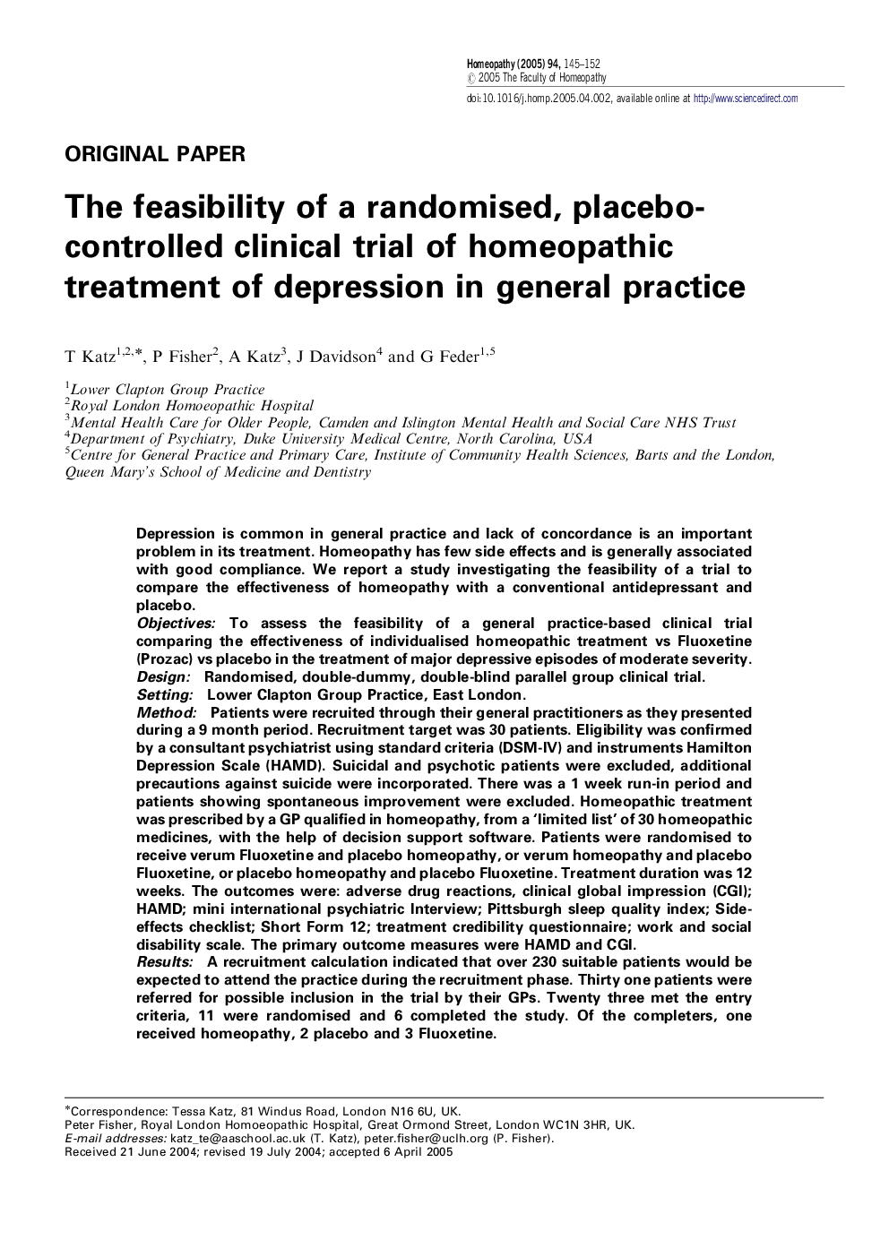 The feasibility of a randomised, placebo-controlled clinical trial of homeopathic treatment of depression in general practice