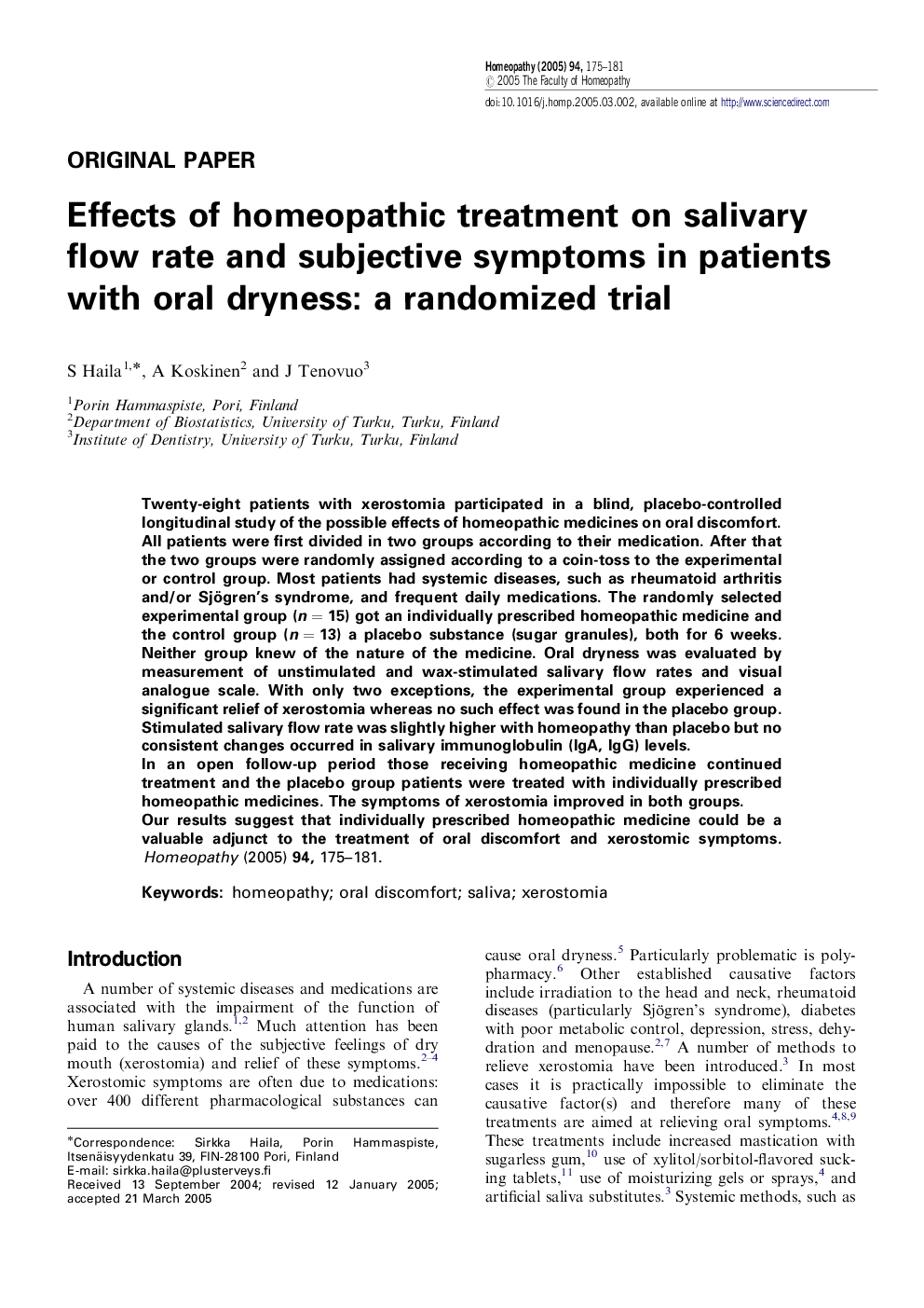 Effects of homeopathic treatment on salivary flow rate and subjective symptoms in patients with oral dryness: a randomized trial