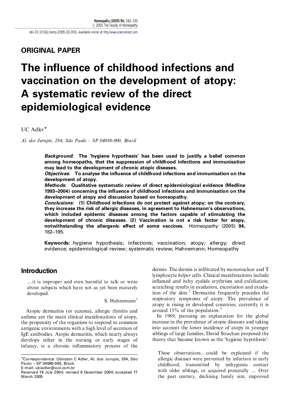 The influence of childhood infections and vaccination on the development of atopy: A systematic review of the direct epidemiological evidence