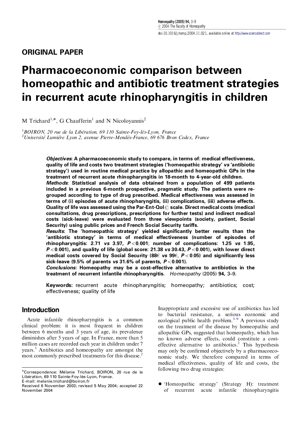 Pharmacoeconomic comparison between homeopathic and antibiotic treatment strategies in recurrent acute rhinopharyngitis in children