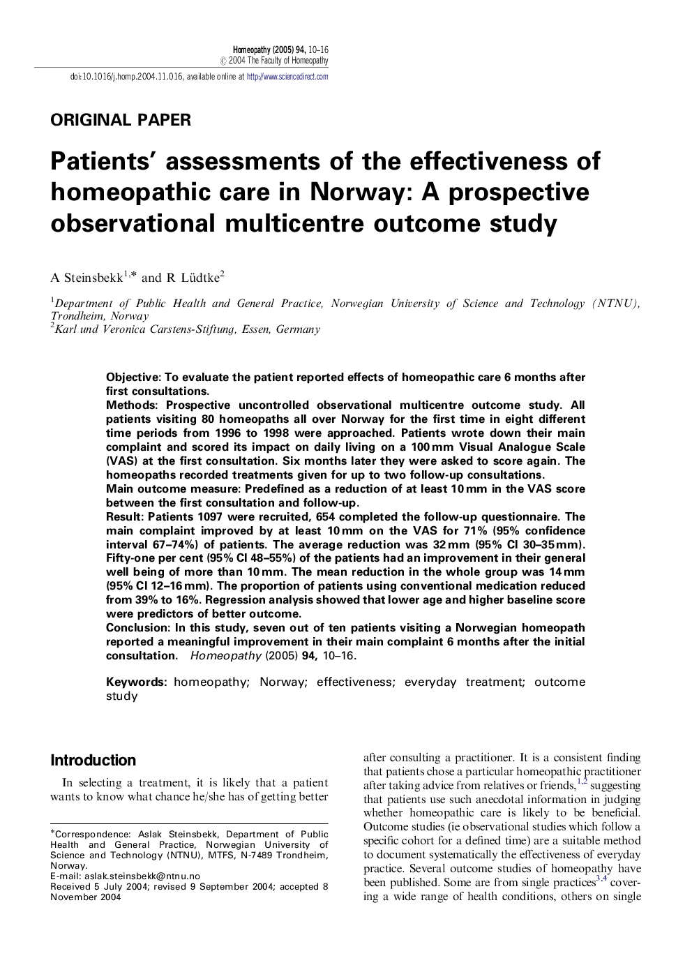 Patients' assessments of the effectiveness of homeopathic care in Norway: A prospective observational multicentre outcome study