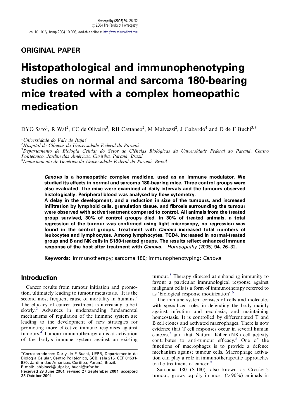 Histopathological and immunophenotyping studies on normal and sarcoma 180-bearing mice treated with a complex homeopathic medication