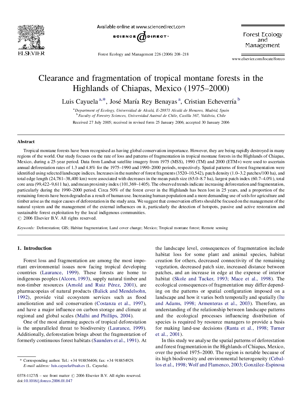 Clearance and fragmentation of tropical montane forests in the Highlands of Chiapas, Mexico (1975–2000)