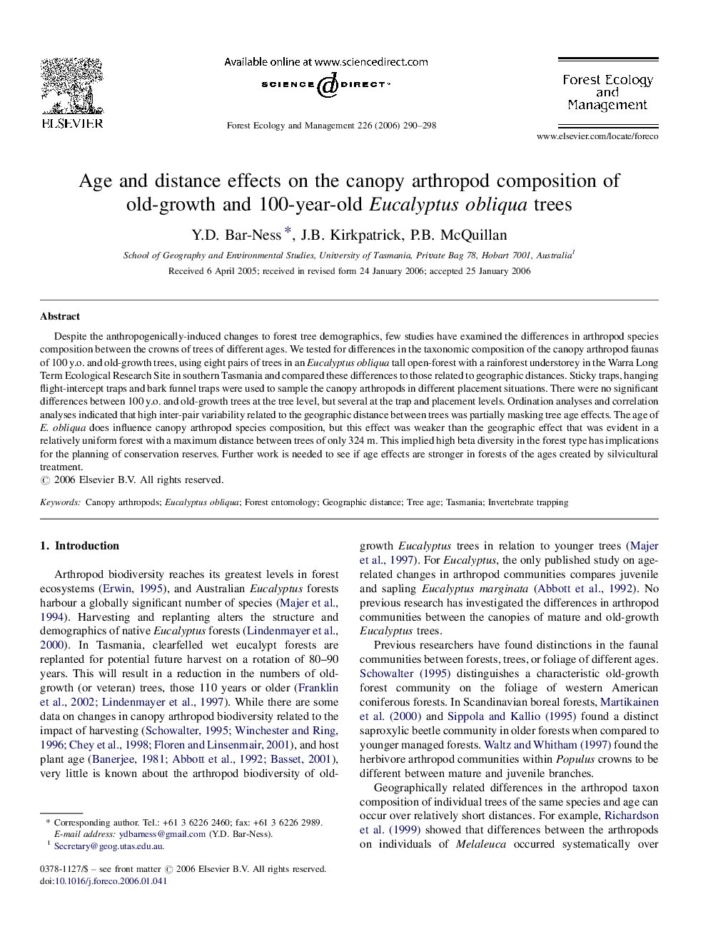 Age and distance effects on the canopy arthropod composition of old-growth and 100-year-old Eucalyptus obliqua trees