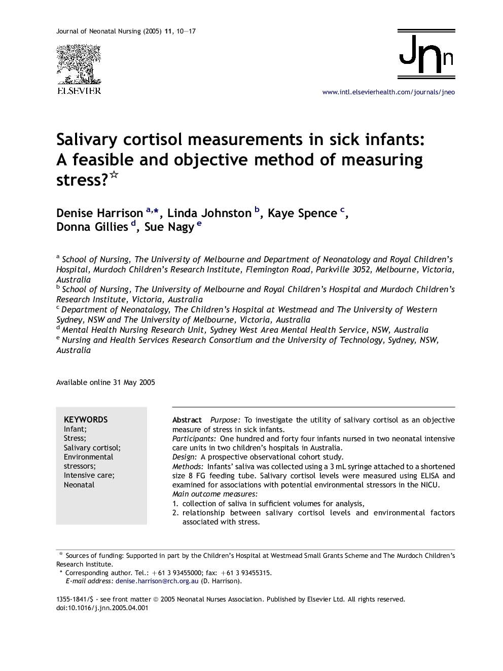 Salivary cortisol measurements in sick infants: A feasible and objective method of measuring stress?