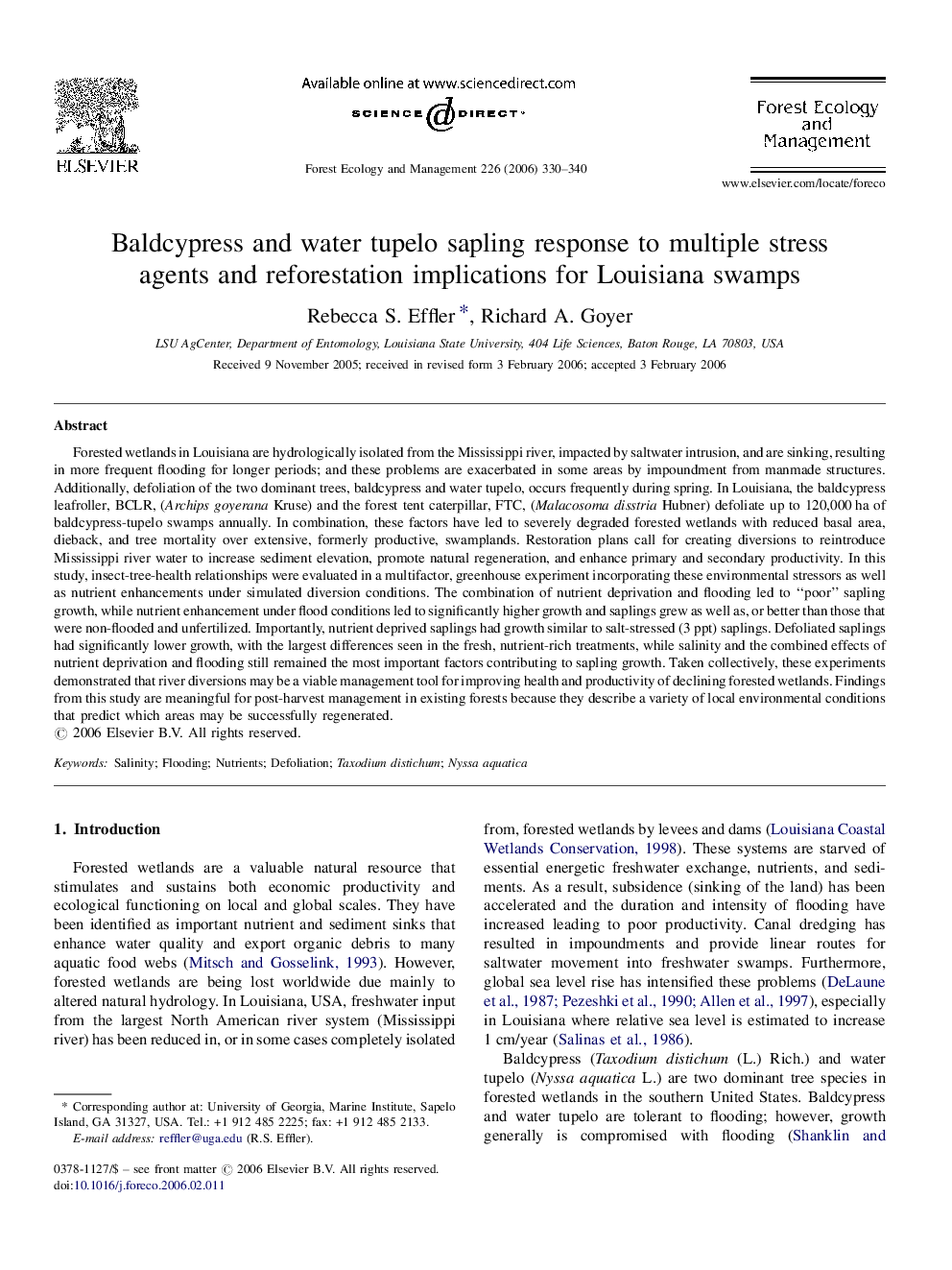 Baldcypress and water tupelo sapling response to multiple stress agents and reforestation implications for Louisiana swamps