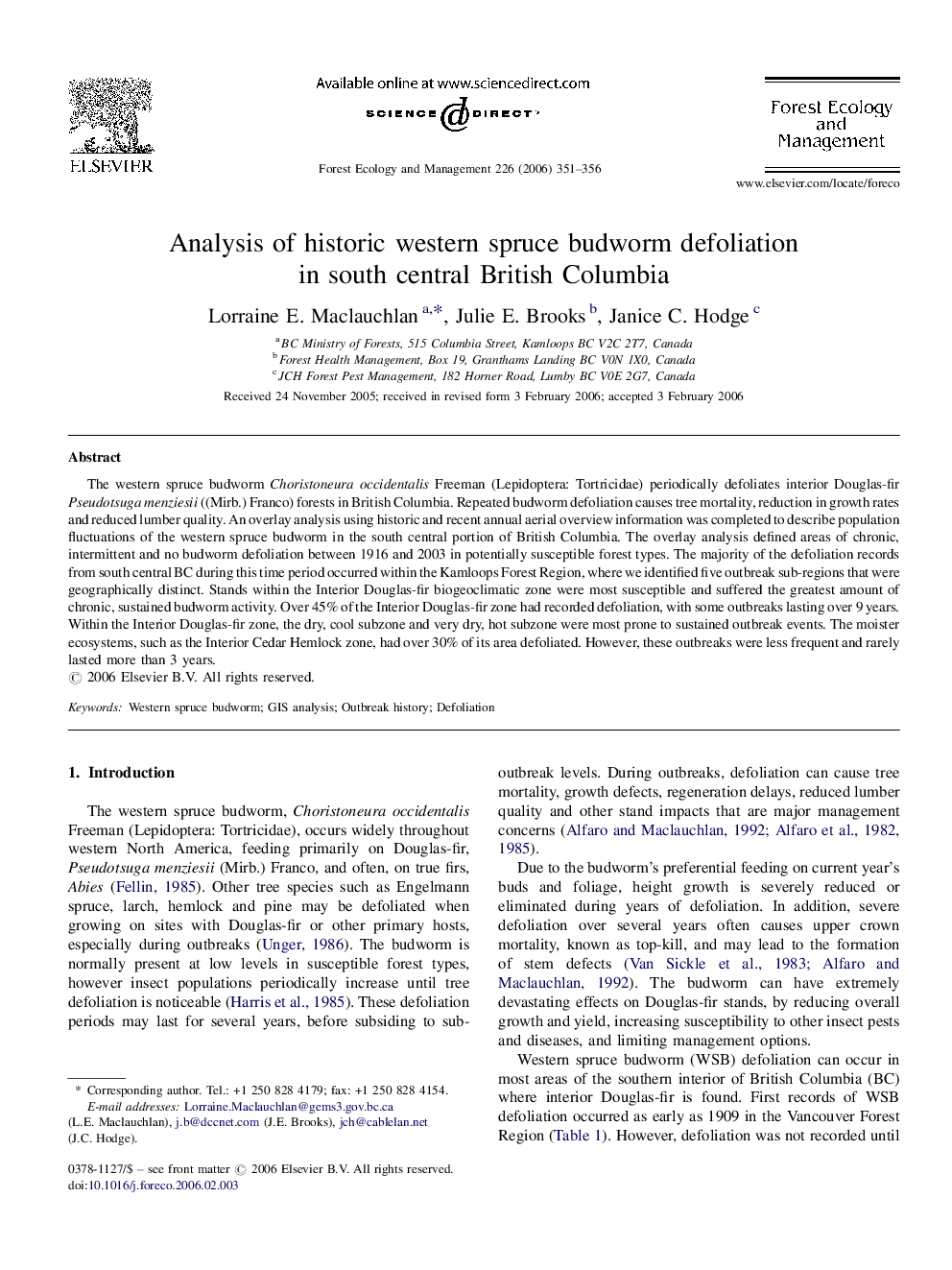 Analysis of historic western spruce budworm defoliation in south central British Columbia