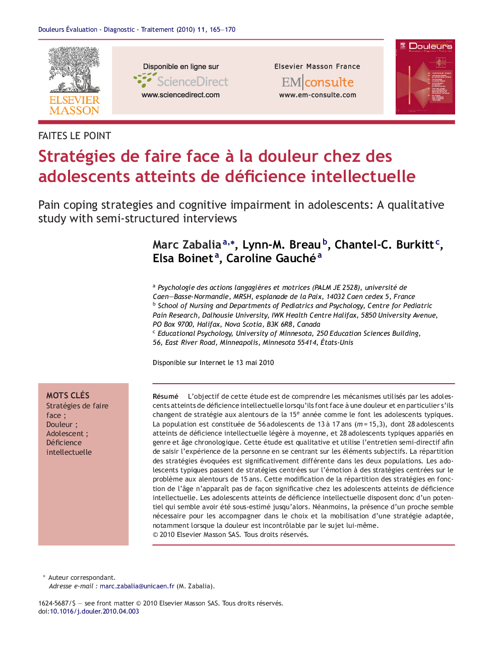 Stratégies de faire face Ã  la douleur chez des adolescents atteints de déficience intellectuelle