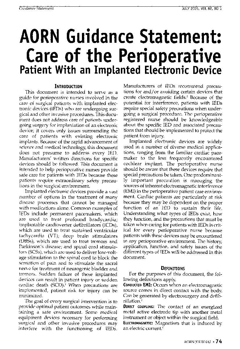 AORN Guidance Statement: Care of the Perioperative Patient With an Implanted Electronic Device