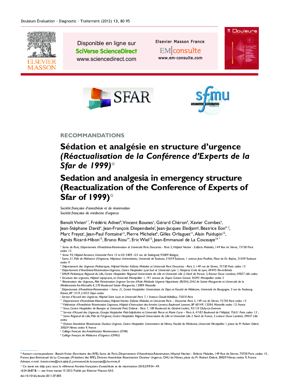 Sédation et analgésie en structure d'urgence (Réactualisation de la Conférence d'experts de la Sfar de 1999)
