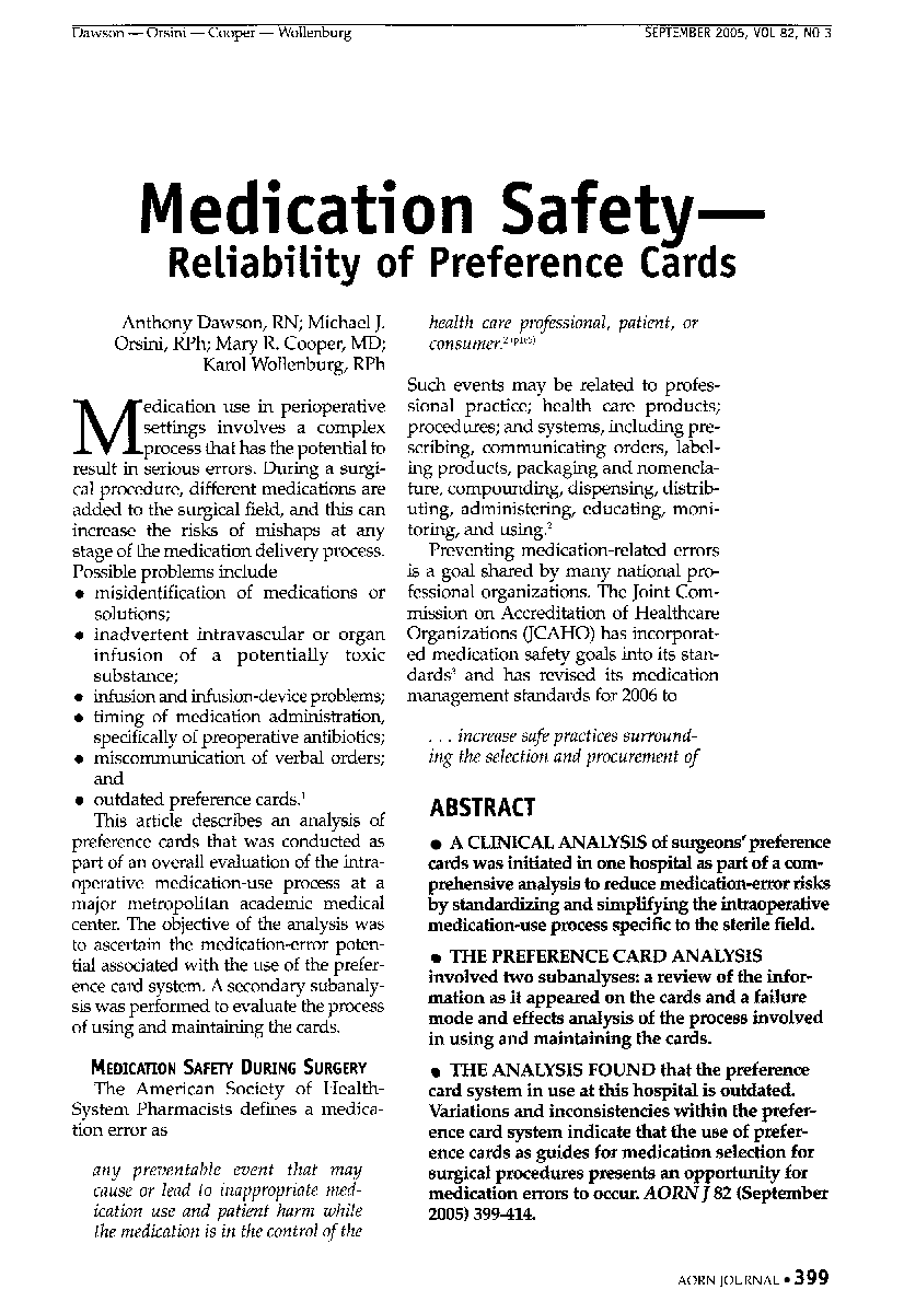 Medication Safety-Reliability of Preference Cards