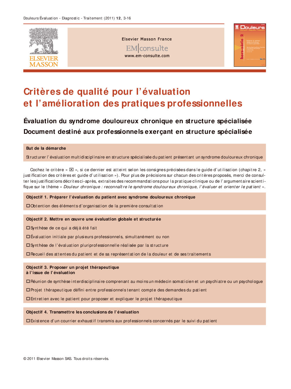 عکس صفحه اول مقاله: Critères de qualité pour l'évaluation et l'amélioration des pratiques professionnelles Critères de qualité pour l'évaluation et l'amélioration des pratiques professionnelles